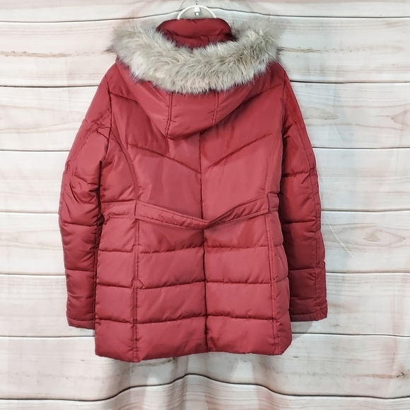 Larry Levine puffer jacket fur trim hood pockets quilted chevron rust red L - Picture 5 of 13